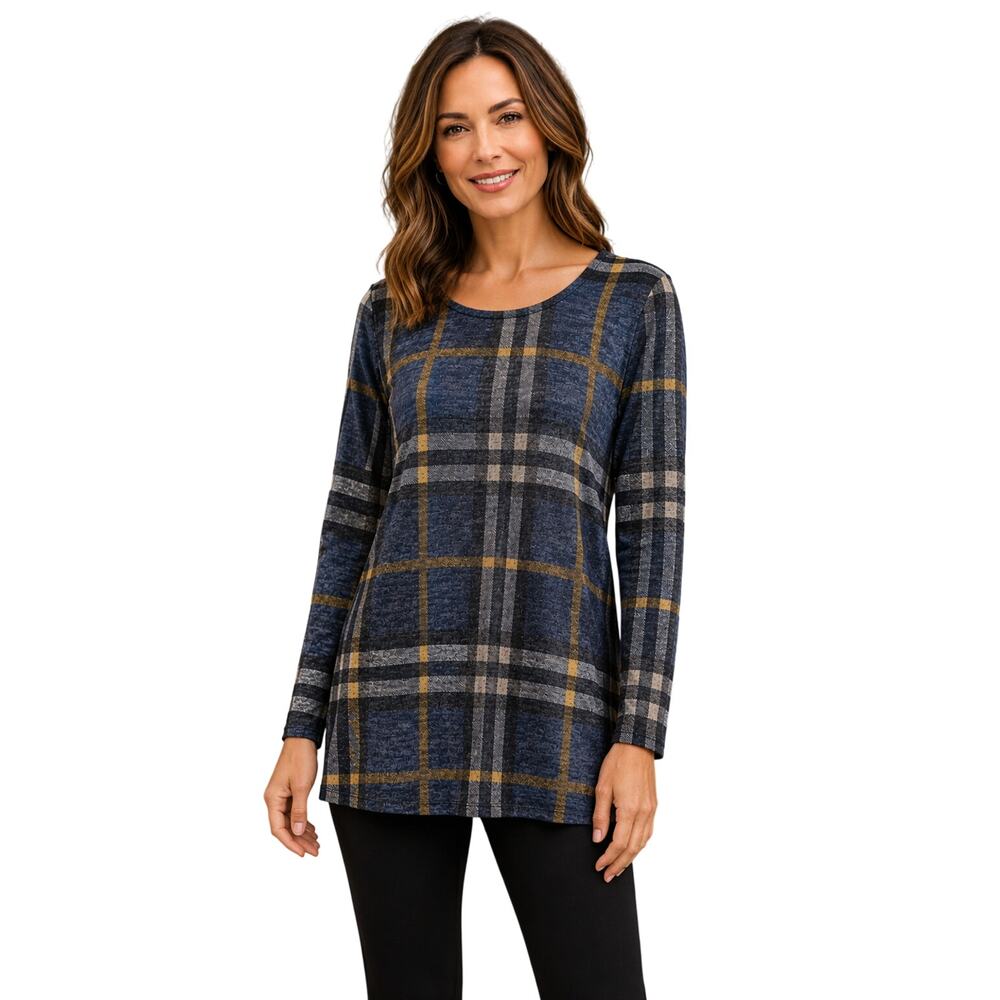 Michael Tyler sz L blue plaid tunic top long sleeve NWOT casual career Canada